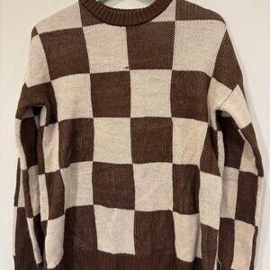 Just Polly Checkered Sweater – Brown & Cream Pullover – Size Small